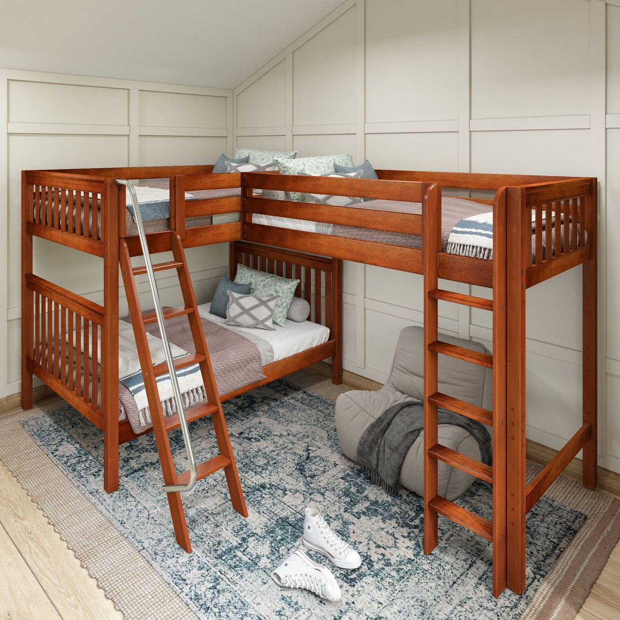 TRIPLET CS : Multiple Bunk Beds Full High Corner Loft Bunk Bed, Slat, Chestnut