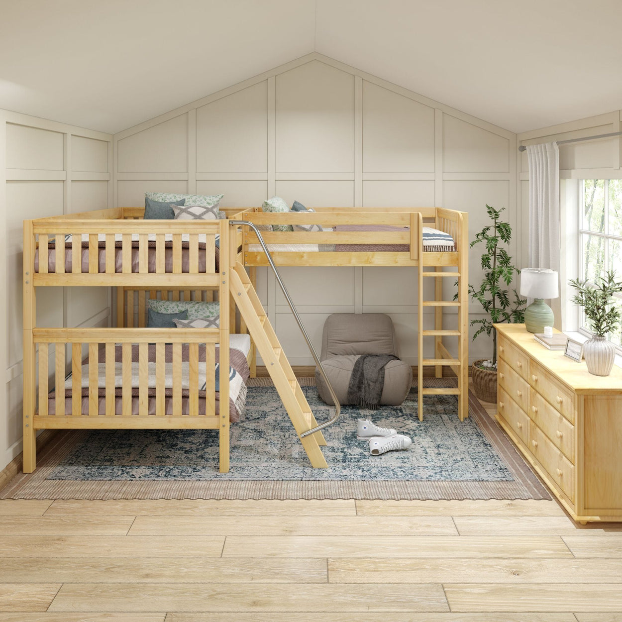 TRIPLET NS : Corner Loft Bunk Full High Corner Loft Bunk Bed, Slat, Natural