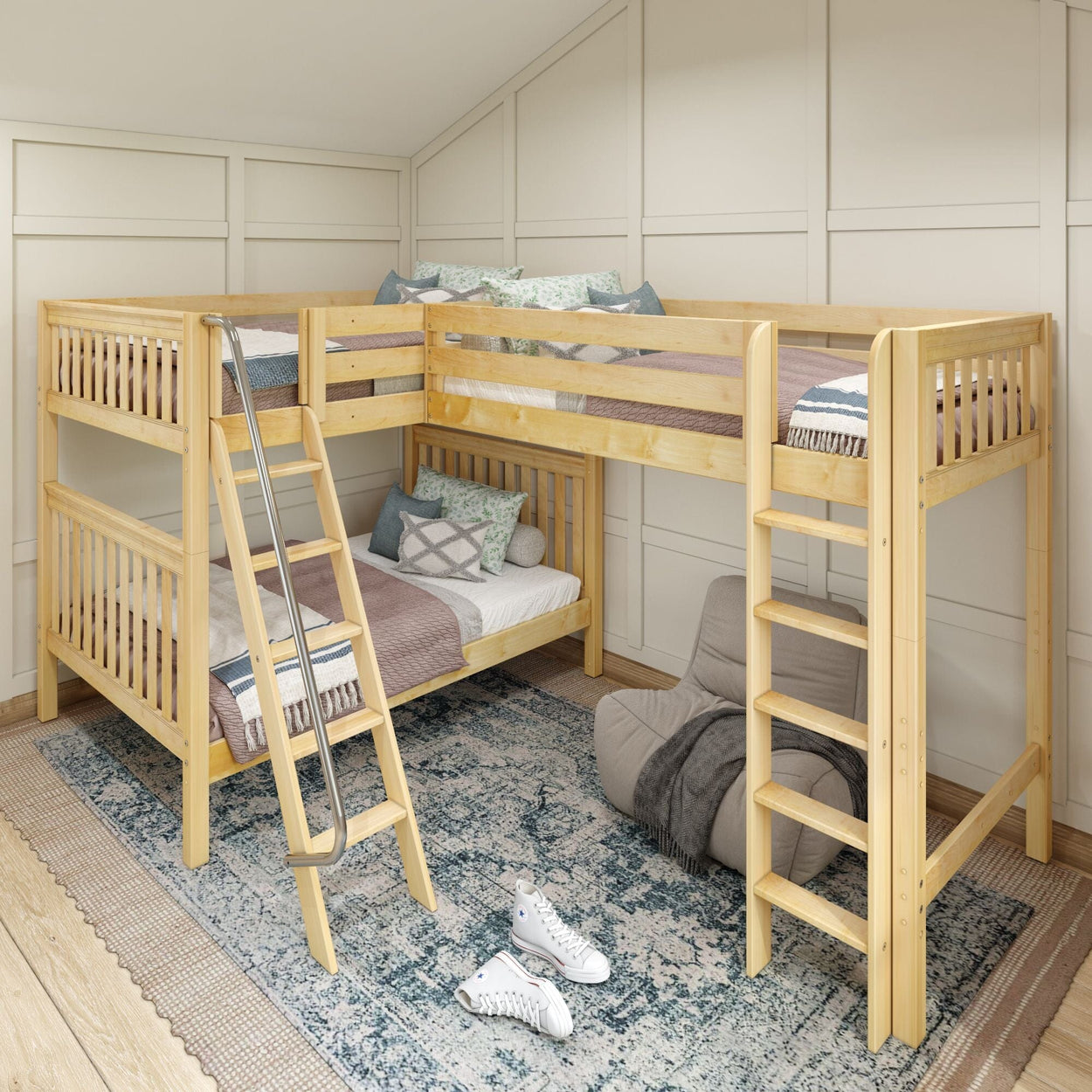 TRIPLET NS : Corner Loft Bunk Full High Corner Loft Bunk Bed, Slat, Natural