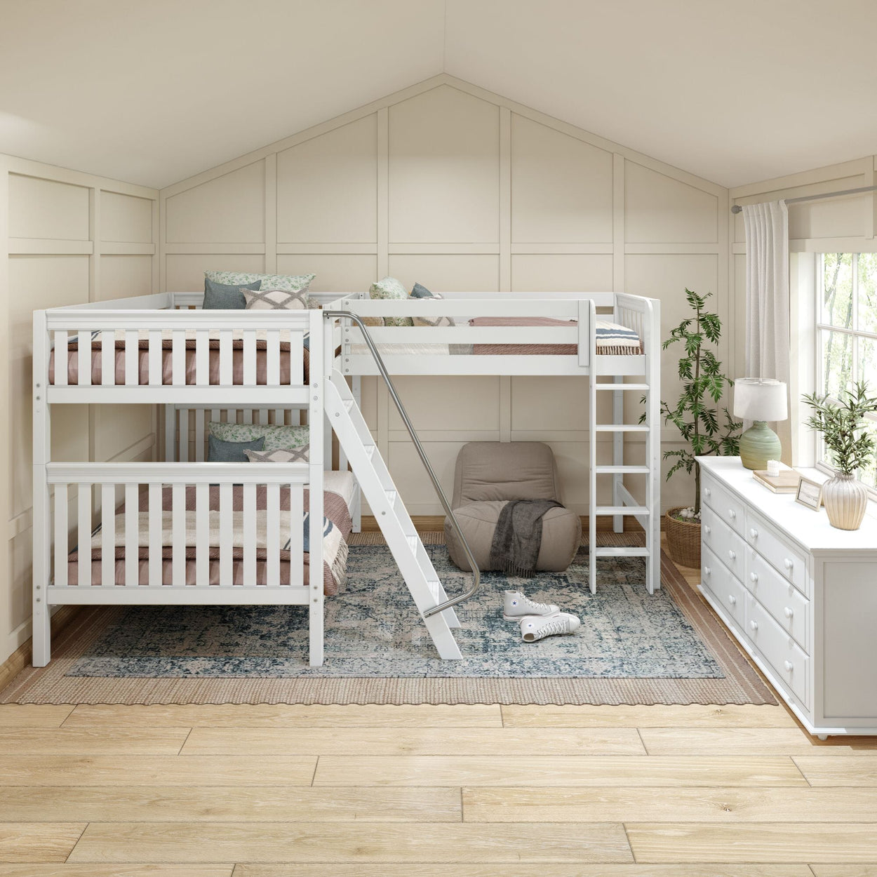 TRIPLET WS : Corner Loft Bunk Full High Corner Loft Bunk Bed, Slat, White