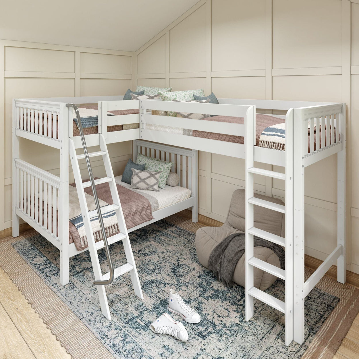 TRIPLET WS : Multiple Bunk Beds Full High Corner Loft Bunk Bed, Slat, White