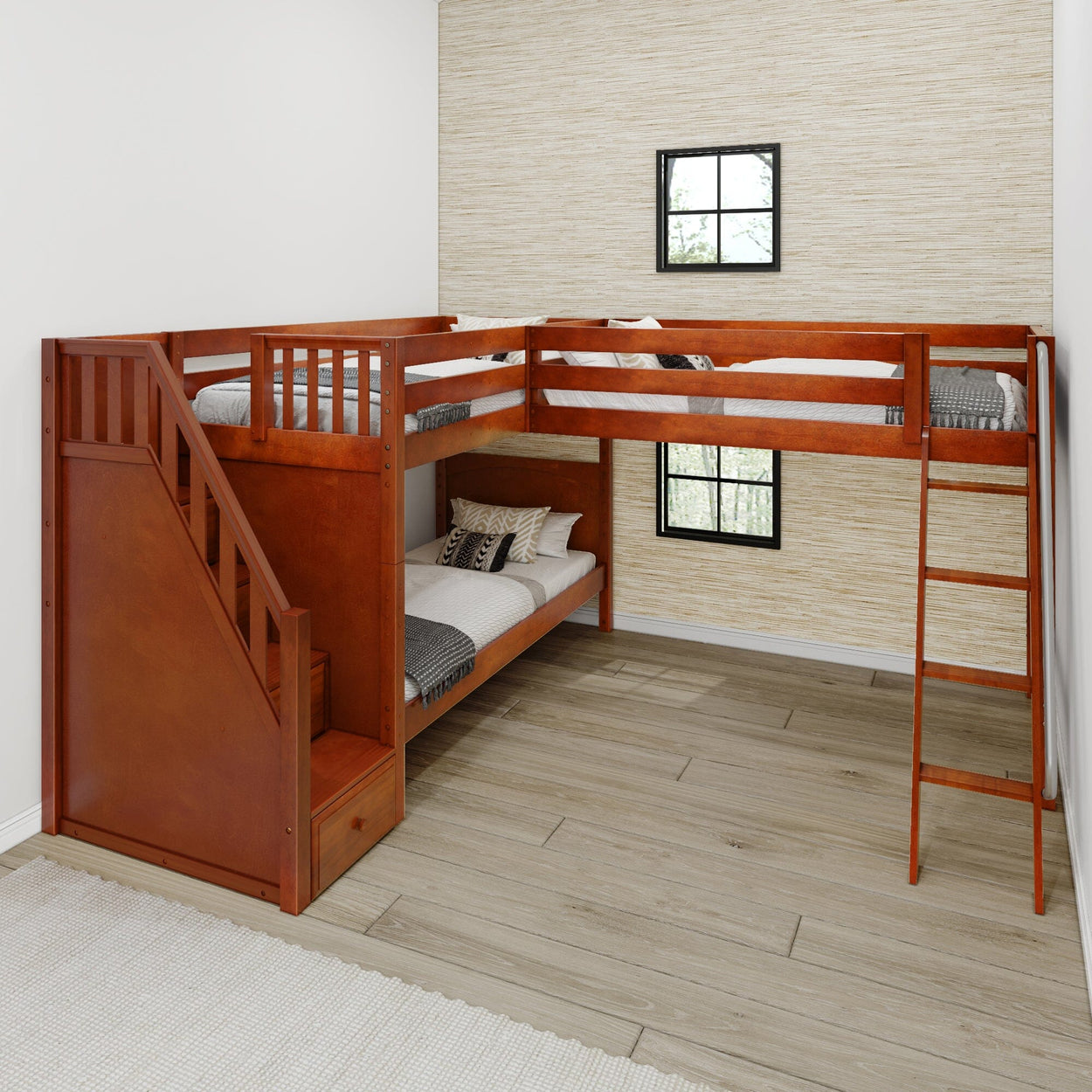 TRIVIUM XL CP : Multiple Bunk Beds Twin XL Medium Corner Loft Bunk Bed with Angled Ladder and Stairs on Left, Panel, Chestnut