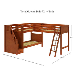 TRIVIUM XL CP : Multiple Bunk Beds Twin XL Medium Corner Loft Bunk Bed with Angled Ladder and Stairs on Left, Panel, Chestnut