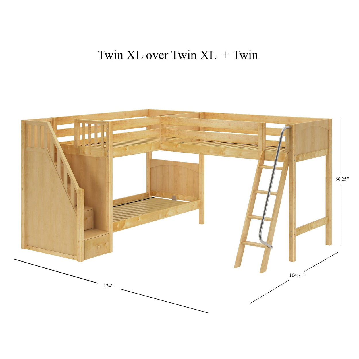 TRIVIUM XL NP : Multiple Bunk Beds Twin XL Medium Corner Loft Bunk Bed with Angled Ladder and Stairs on Left, Panel, Natural