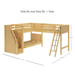 TRIVIUM XL NP : Multiple Bunk Beds Twin XL Medium Corner Loft Bunk Bed with Angled Ladder and Stairs on Left, Panel, Natural