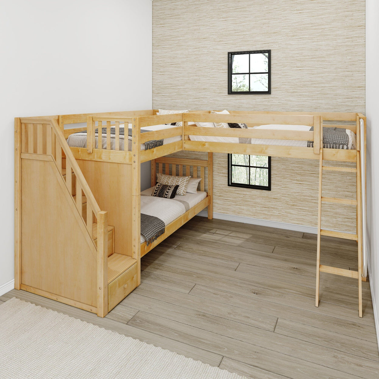 TRIVIUM XL NS : Multiple Bunk Beds Twin XL Medium Corner Loft Bunk Bed with Angled Ladder and Stairs on Left, Slat, Natural