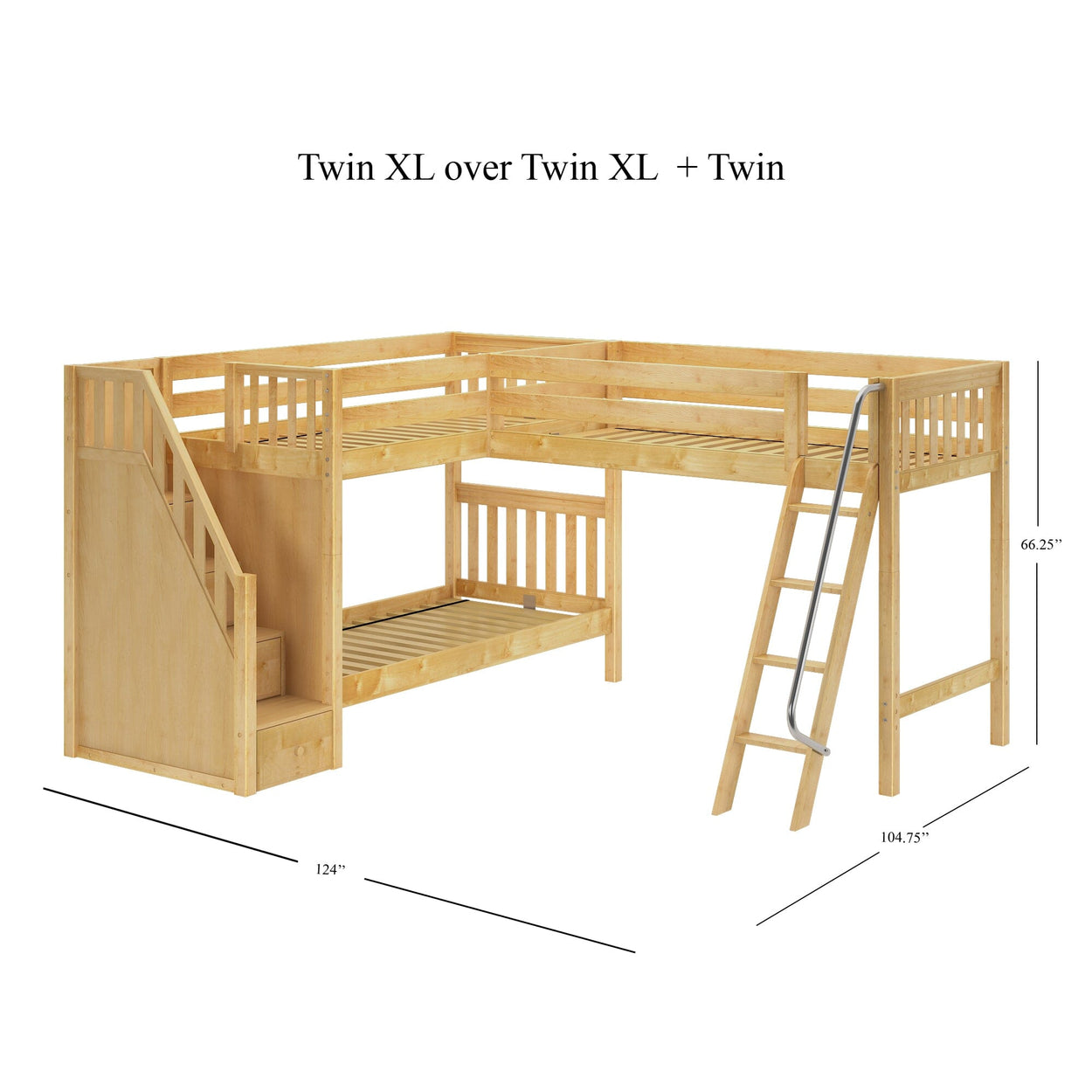 TRIVIUM XL NS : Multiple Bunk Beds Twin XL Medium Corner Loft Bunk Bed with Angled Ladder and Stairs on Left, Slat, Natural