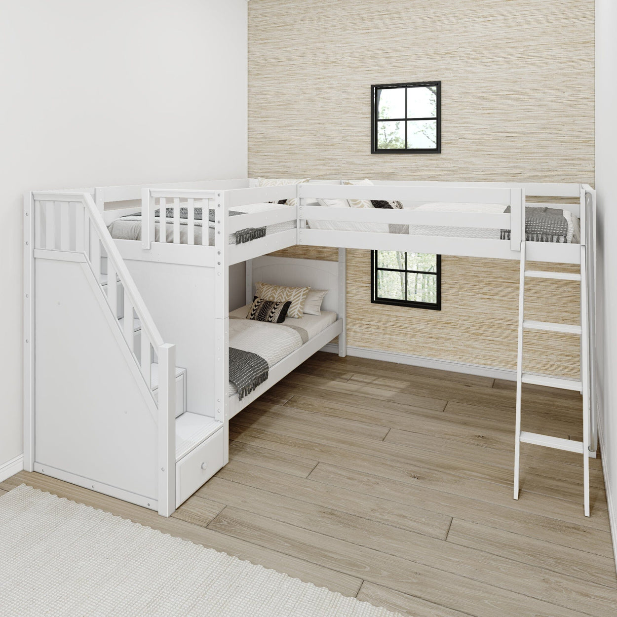 TRIVIUM XL WP : Multiple Bunk Beds Twin XL Medium Corner Loft Bunk Bed with Angled Ladder and Stairs on Left, Panel, White