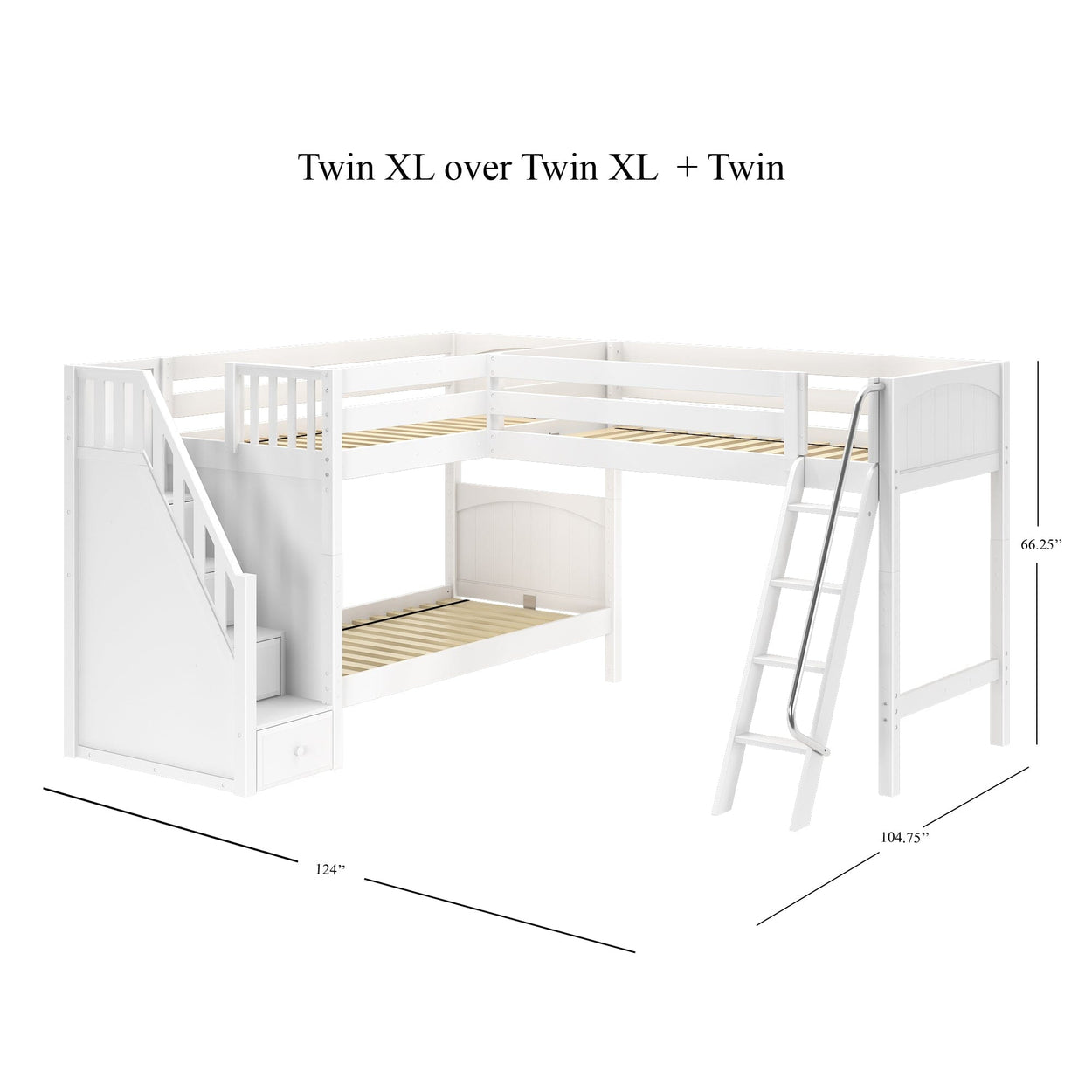 TRIVIUM XL WP : Multiple Bunk Beds Twin XL Medium Corner Loft Bunk Bed with Angled Ladder and Stairs on Left, Panel, White