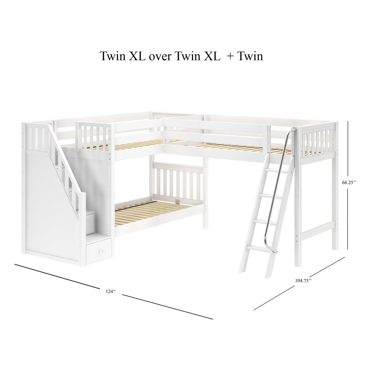 TRIVIUM XL WS : Multiple Bunk Beds Twin XL Medium Corner Loft Bunk Bed with Angled Ladder and Stairs on Left, Slat, White