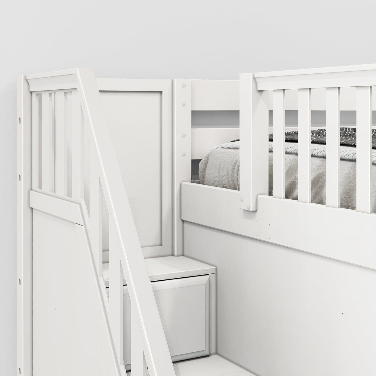 TRIVIUM XL WS : Multiple Bunk Beds Twin XL Medium Corner Loft Bunk Bed with Angled Ladder and Stairs on Left, Slat, White