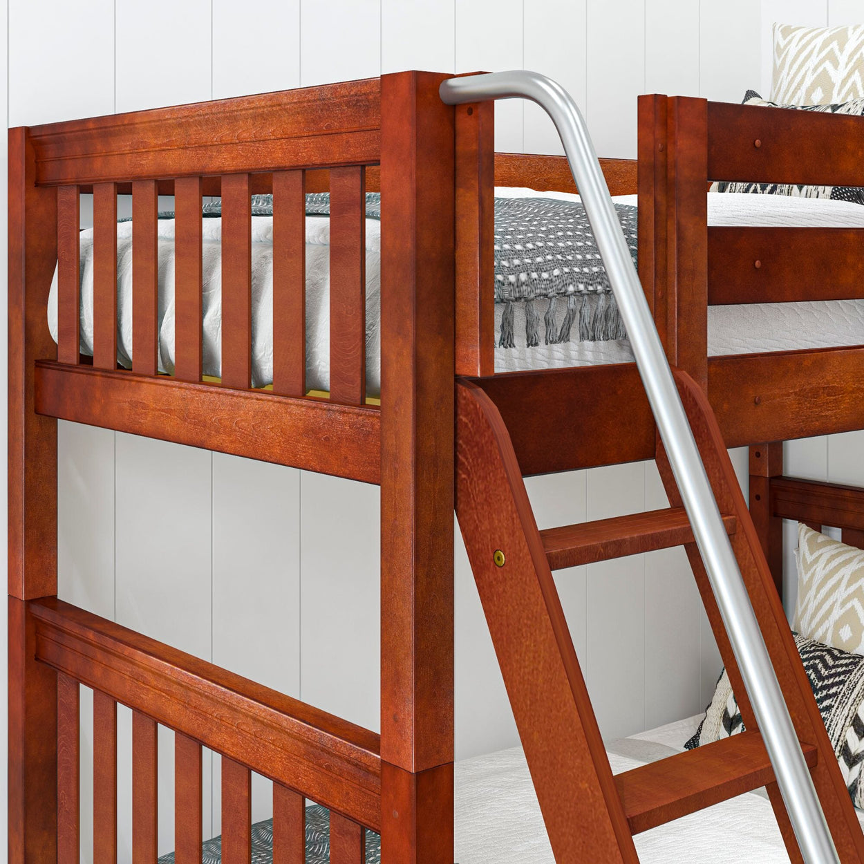 TROIKA XL CS : Multiple Bunk Beds Twin XL High Corner Loft Bunk with Angled Ladder and Stairs on Right, Slat, Chestnut