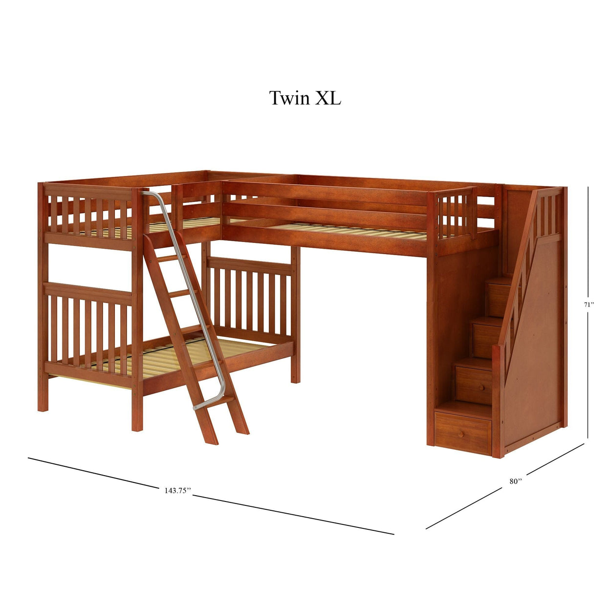 TROIKA XL CS : Multiple Bunk Beds Twin XL High Corner Loft Bunk with Angled Ladder and Stairs on Right, Slat, Chestnut