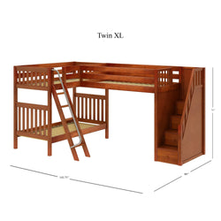 TROIKA XL CS : Multiple Bunk Beds Twin XL High Corner Loft Bunk with Angled Ladder and Stairs on Right, Slat, Chestnut