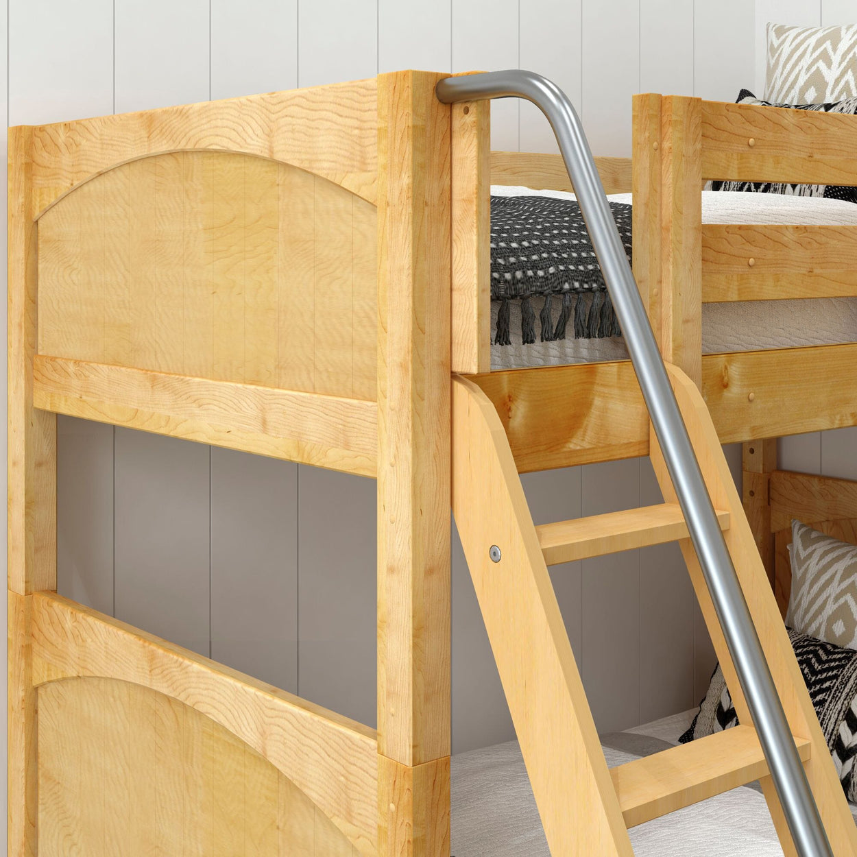 TROIKA XL NP : Multiple Bunk Beds Twin XL High Corner Loft Bunk with Angled Ladder and Stairs on Right, Natural, Panel