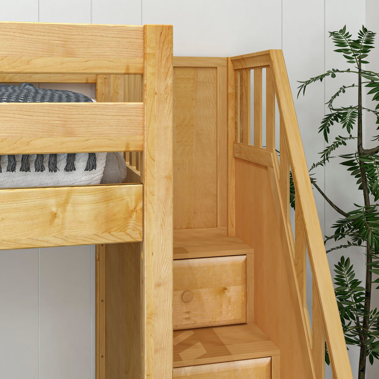 TROIKA XL NP : Multiple Bunk Beds Twin XL High Corner Loft Bunk with Angled Ladder and Stairs on Right, Natural, Panel