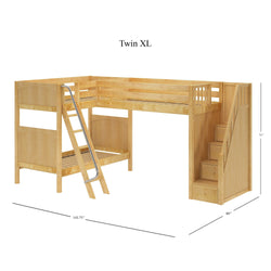 TROIKA XL NP : Multiple Bunk Beds Twin XL High Corner Loft Bunk with Angled Ladder and Stairs on Right, Natural, Panel