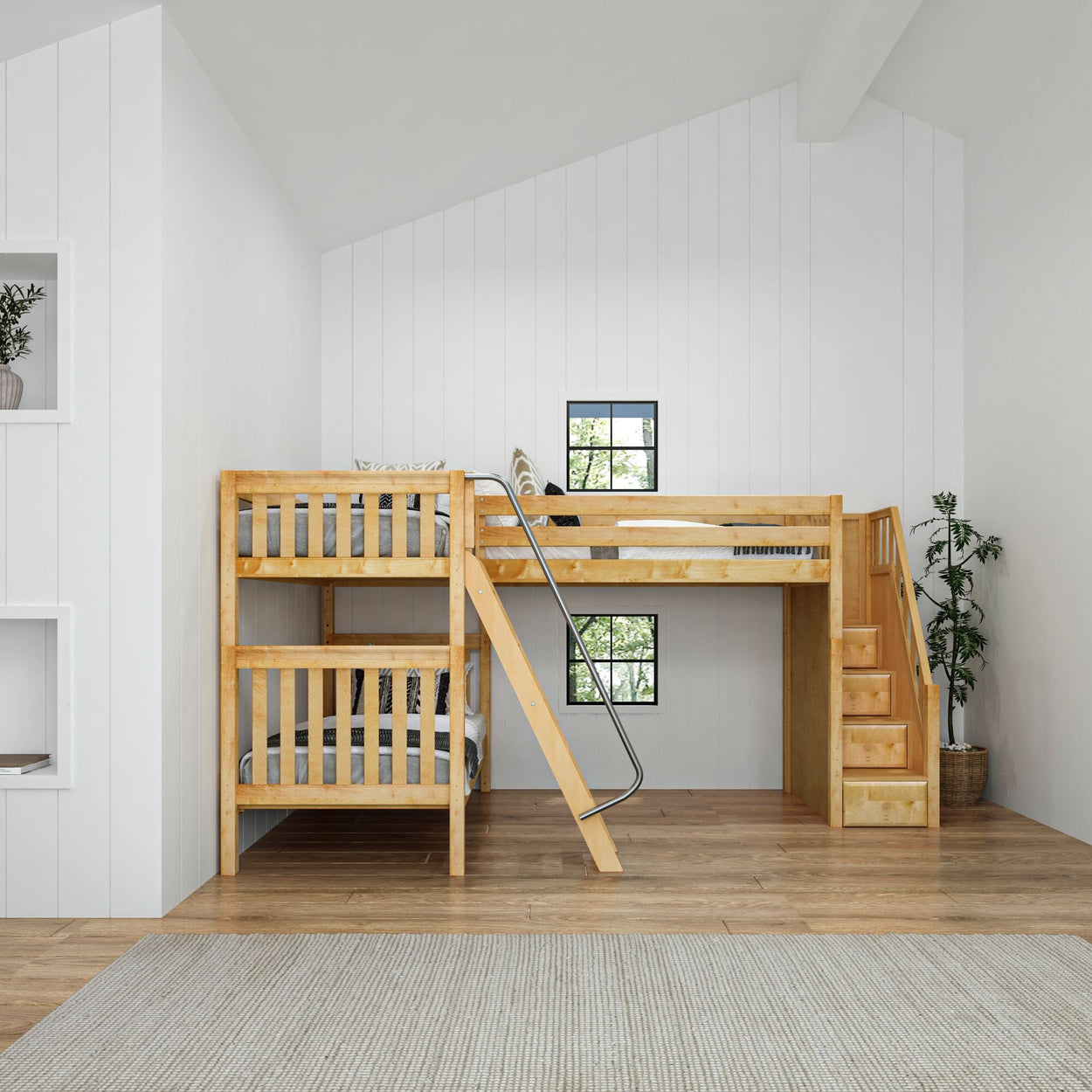 TROIKA XL NS : Multiple Bunk Beds Twin XL High Corner Loft Bunk with Angled Ladder and Stairs on Right, Slat, Natural