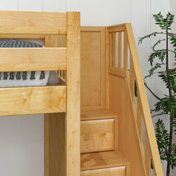 TROIKA XL NS : Multiple Bunk Beds Twin XL High Corner Loft Bunk with Angled Ladder and Stairs on Right, Slat, Natural