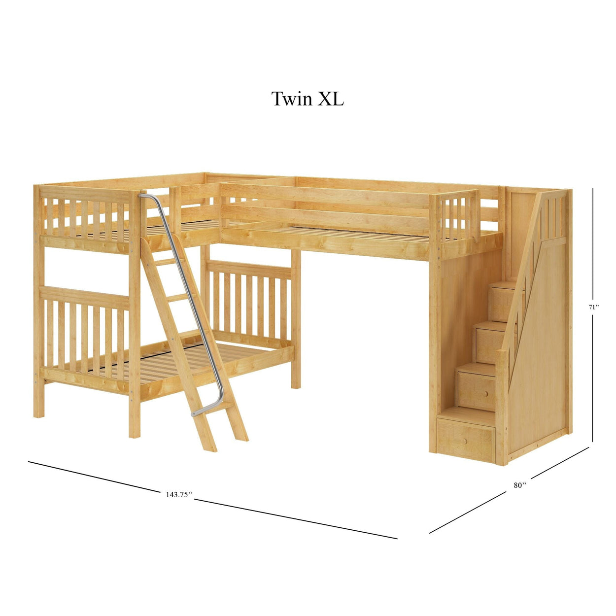 TROIKA XL NS : Multiple Bunk Beds Twin XL High Corner Loft Bunk with Angled Ladder and Stairs on Right, Slat, Natural