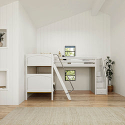 TROIKA XL WP : Multiple Bunk Beds Twin XL High Corner Loft Bunk with Angled Ladder and Stairs on Right, White, Panel