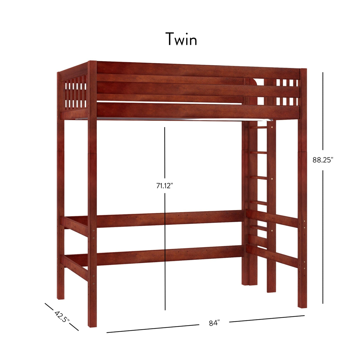 Uber Slam CS : Standard Loft Beds Twin Uber High Loft Bed with Straight Ladder on End, Slat, Chestnut