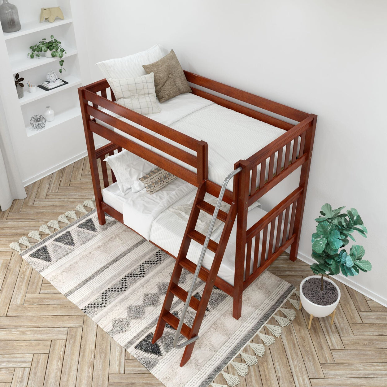 VENTI XL CS : Classic Bunk Beds Twin XL High Bunk Bed with Angled Ladder on Front, Slat, Chestnut