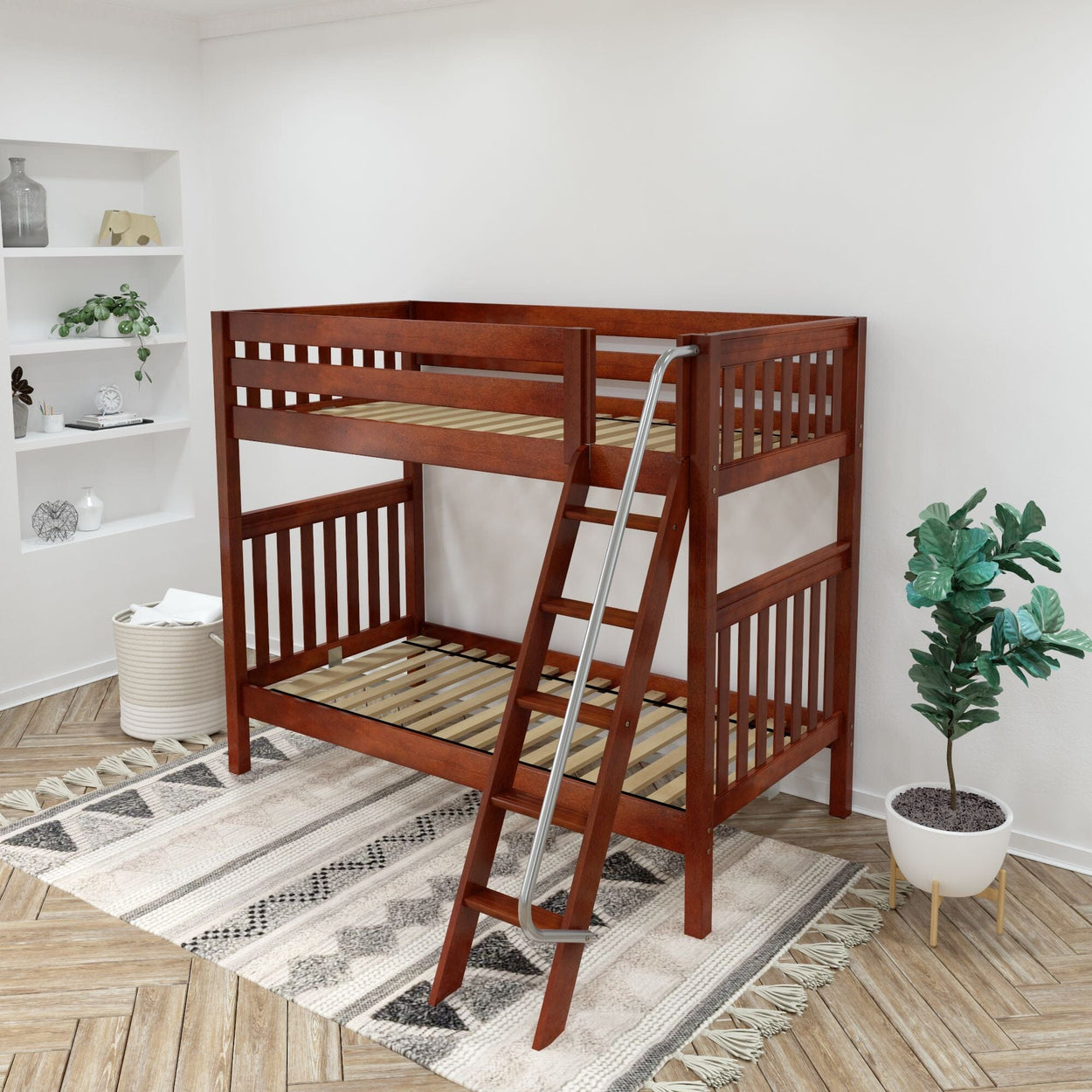 VENTI XL CS : Classic Bunk Beds Twin XL High Bunk Bed with Angled Ladder on Front, Slat, Chestnut