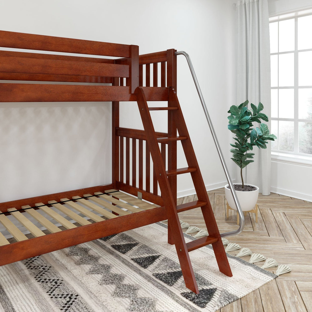 VENTI XL CS : Classic Bunk Beds Twin XL High Bunk Bed with Angled Ladder on Front, Slat, Chestnut