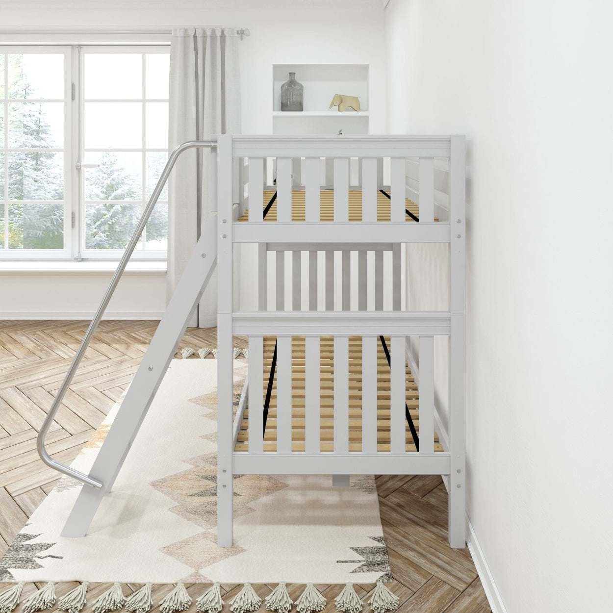 VENTI XL WS : Classic Bunk Beds Twin XL High Bunk Bed with Angled Ladder on Front, Slat, White