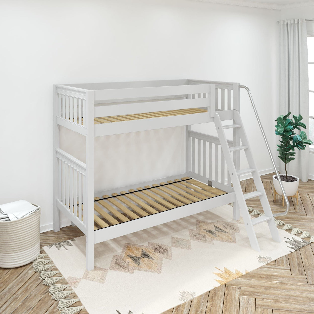 VENTI XL WS : Classic Bunk Beds Twin XL High Bunk Bed with Angled Ladder on Front, Slat, White