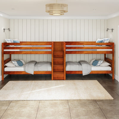 WONDERFUL XL CS : Multiple Bunk Beds Twin XL Quadruple Bunk Bed with Stairs, Slat, Chestnut