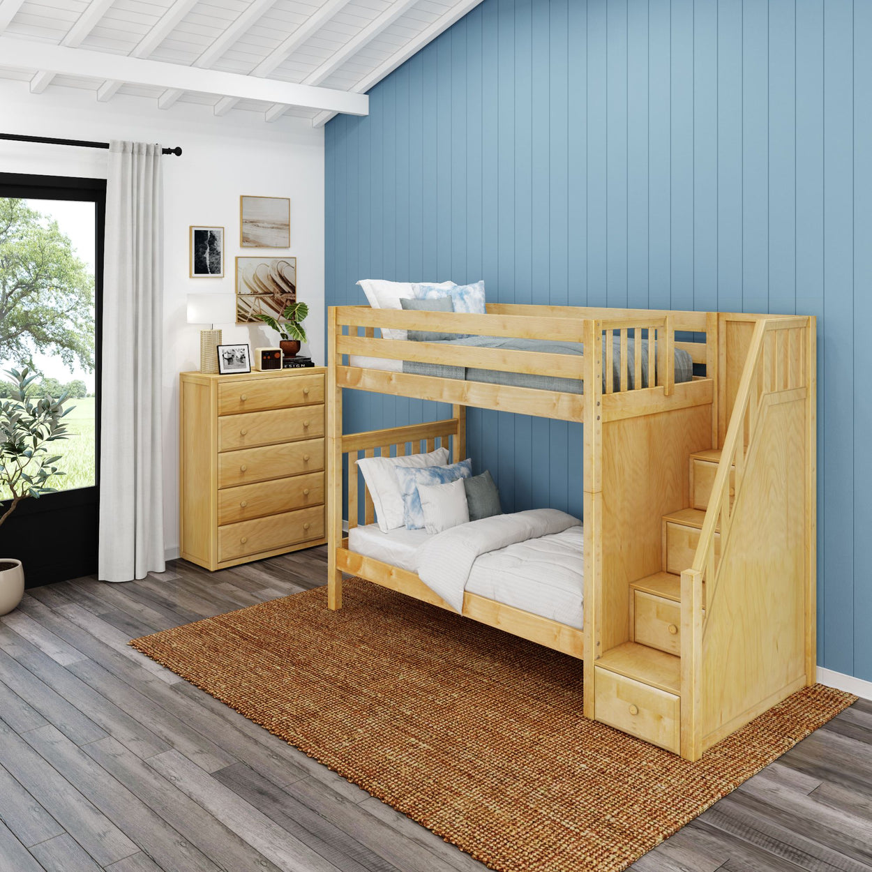 WOPPER NS : Classic Bunk Beds Twin High Bunk Bed with Stairs, Slat, Natural