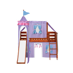 WOW27 CP : Play Loft Beds Low Loft Slide Bed with Curtains, Top Tent & Tower, Twin, Panel, Chestnut