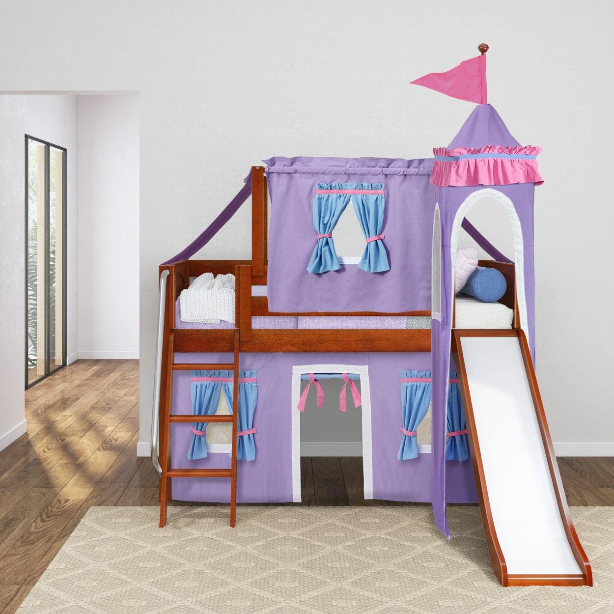 WOW27 CP : Play Loft Beds Low Loft Slide Bed with Curtains, Top Tent & Tower, Twin, Panel, Chestnut