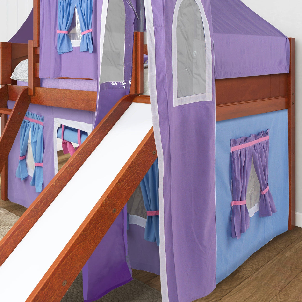 WOW27 CP : Loft Bed Low Loft Slide Bed with Curtains, Top Tent & Tower, Twin, Panel, Chestnut