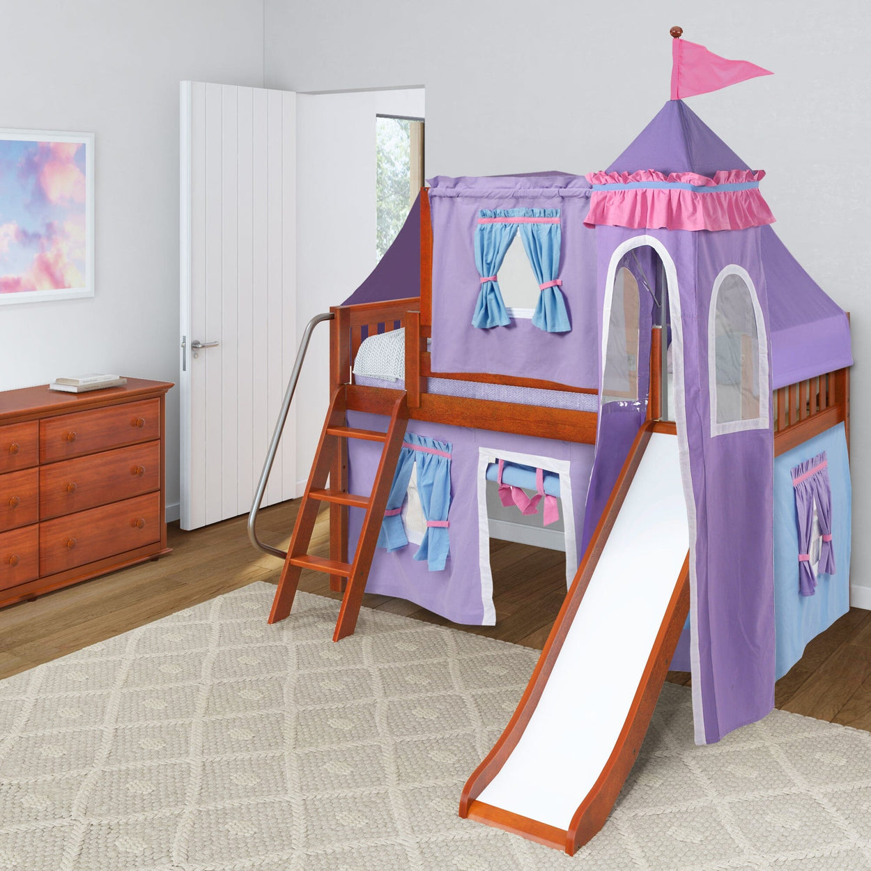 WOW27 CS : Play Loft Beds Twin Low Loft Bed with Angled Ladder, Curtain, Top Tent, Tower + Slide, Slat, Chestnut