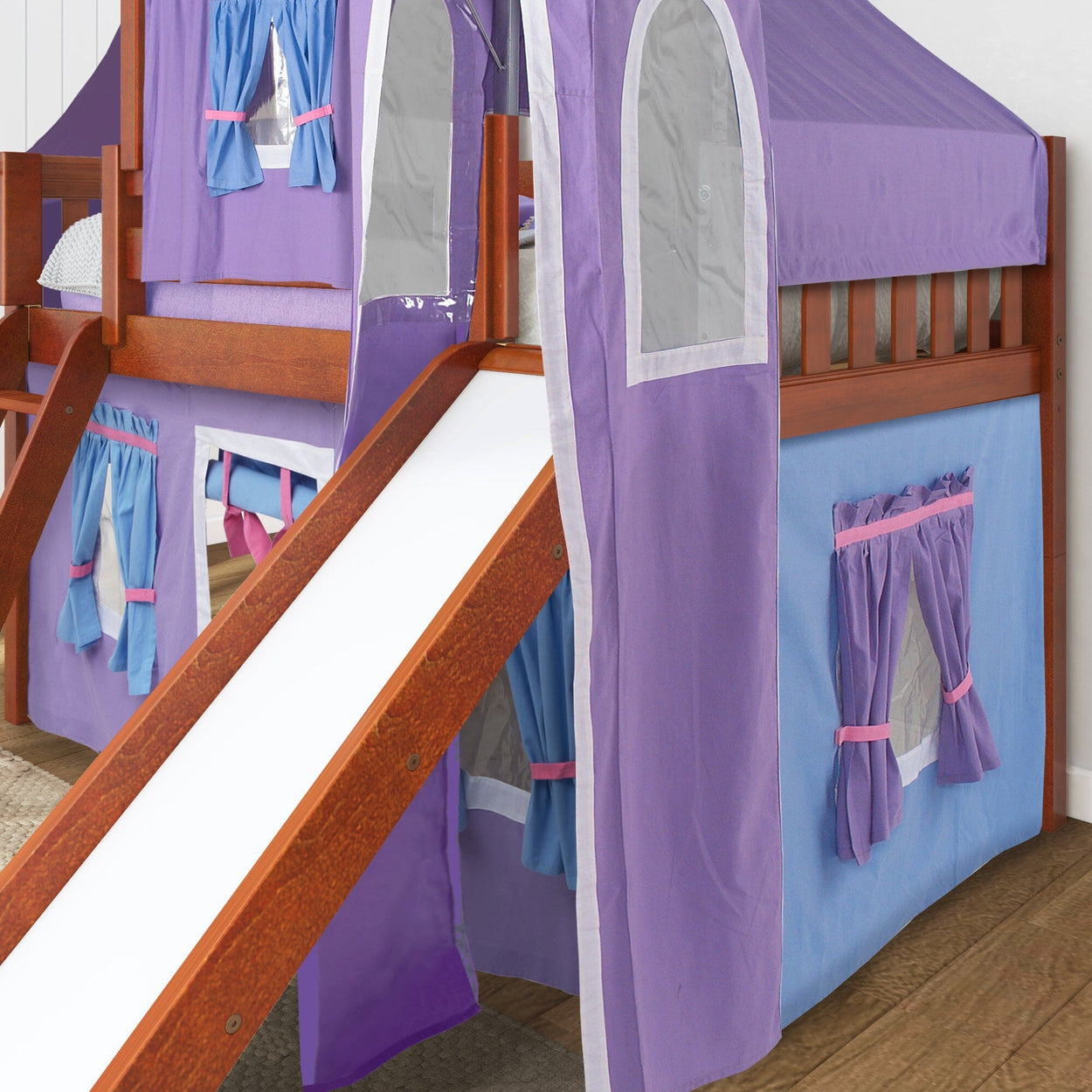 WOW27 CS : Loft Bed Twin Low Loft Bed with Angled Ladder, Curtain, Top Tent, Tower + Slide, Slat, Chestnut