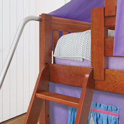 WOW27 CS : Play Loft Beds Twin Low Loft Bed with Angled Ladder, Curtain, Top Tent, Tower + Slide, Slat, Chestnut