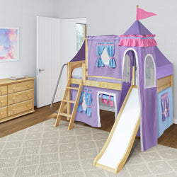 WOW27 NP : Loft Bed Low Loft Slide Bed with Curtains, Top Tent & Tower, Twin, Panel, Natural