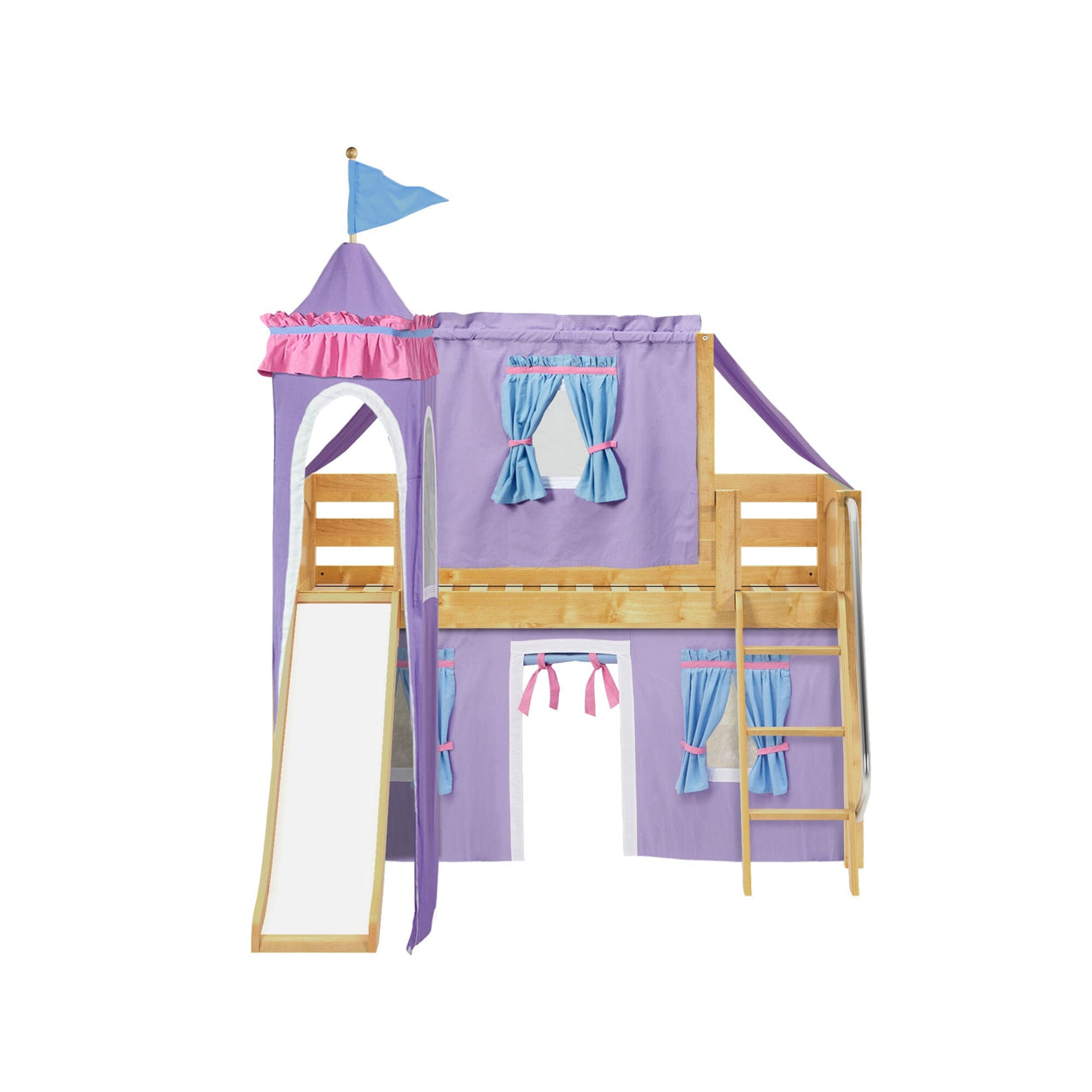 WOW27 NP : Play Loft Beds Low Loft Slide Bed with Curtains, Top Tent & Tower, Twin, Panel, Natural