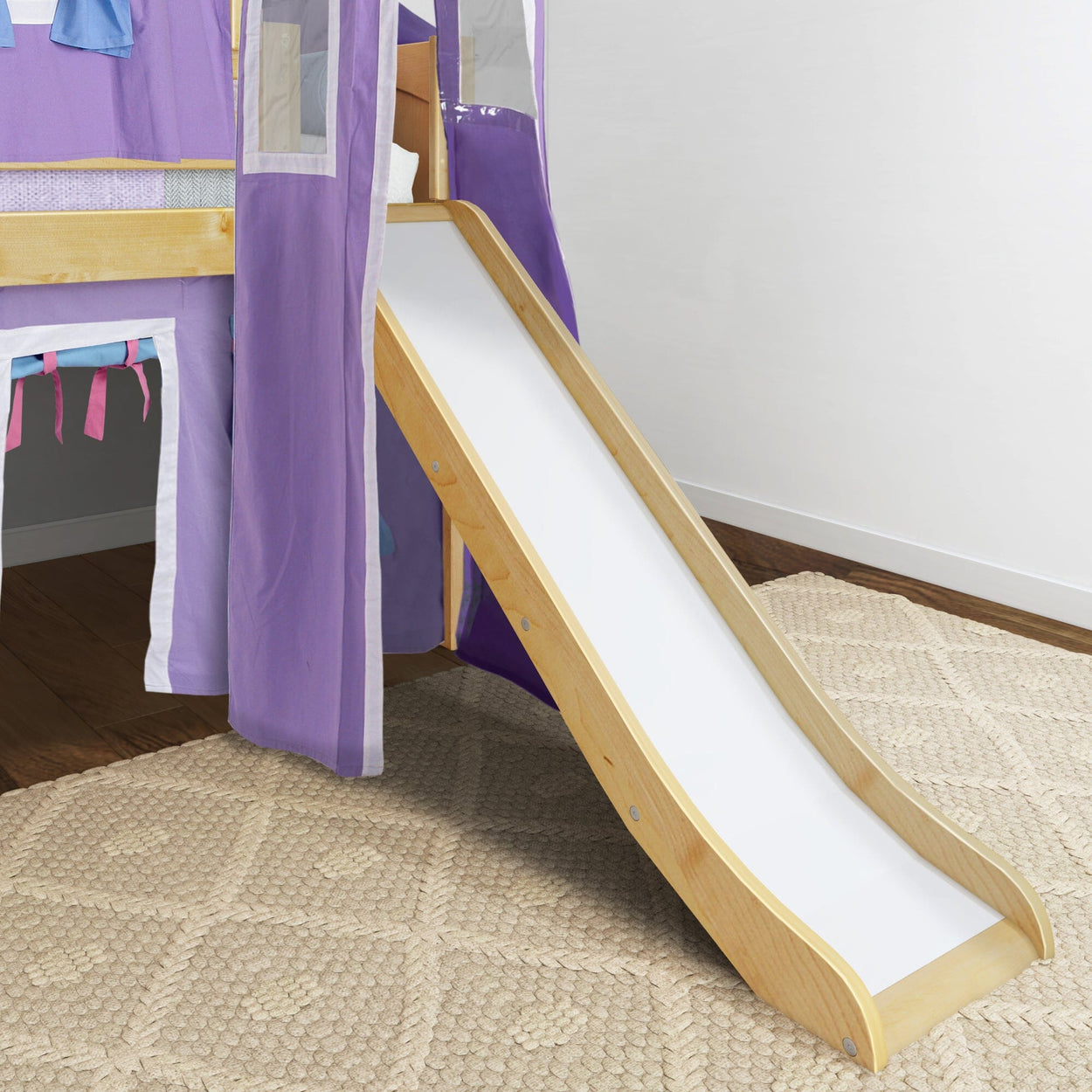 WOW27 NP : Loft Bed Low Loft Slide Bed with Curtains, Top Tent & Tower, Twin, Panel, Natural