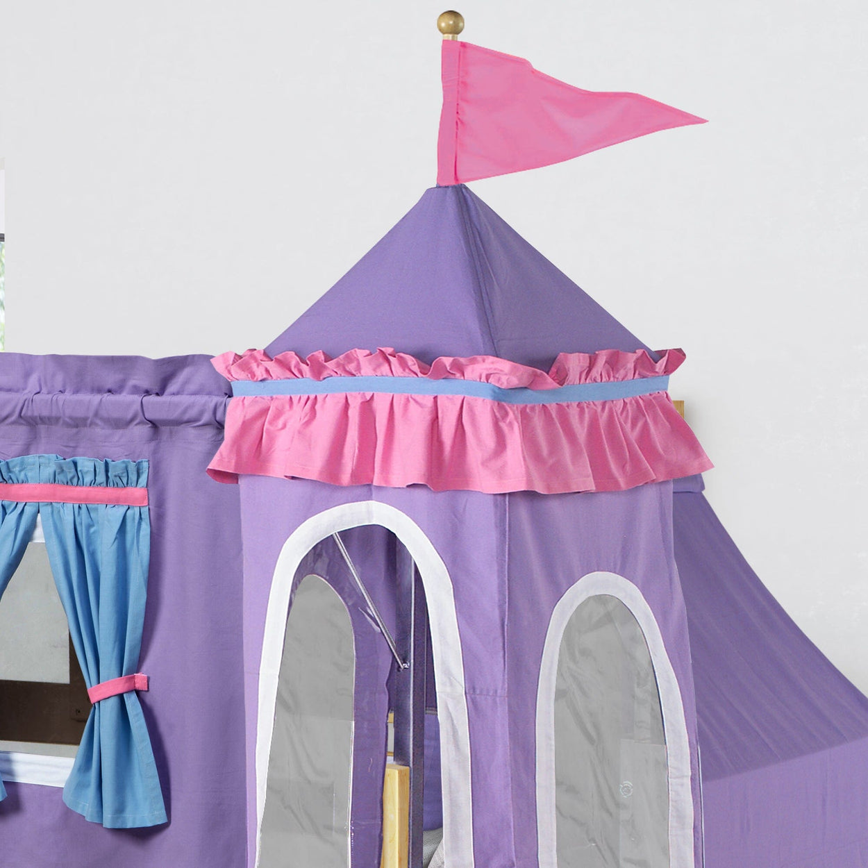 WOW27 NS : Play Loft Beds Twin Low Loft Bed with Angled Ladder, Curtain, Top Tent, Tower + Slide, Slat, Natural