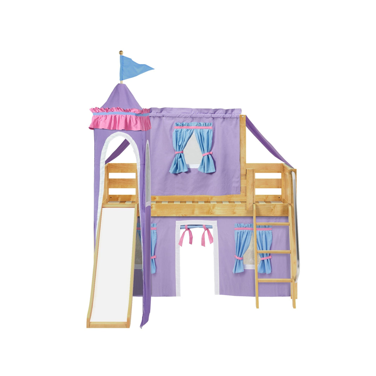 WOW27 NS : Loft Bed Twin Low Loft Bed with Angled Ladder, Curtain, Top Tent, Tower + Slide, Slat, Natural