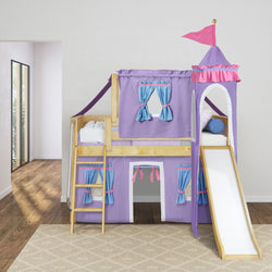 WOW27 NS : Loft Bed Twin Low Loft Bed with Angled Ladder, Curtain, Top Tent, Tower + Slide, Slat, Natural