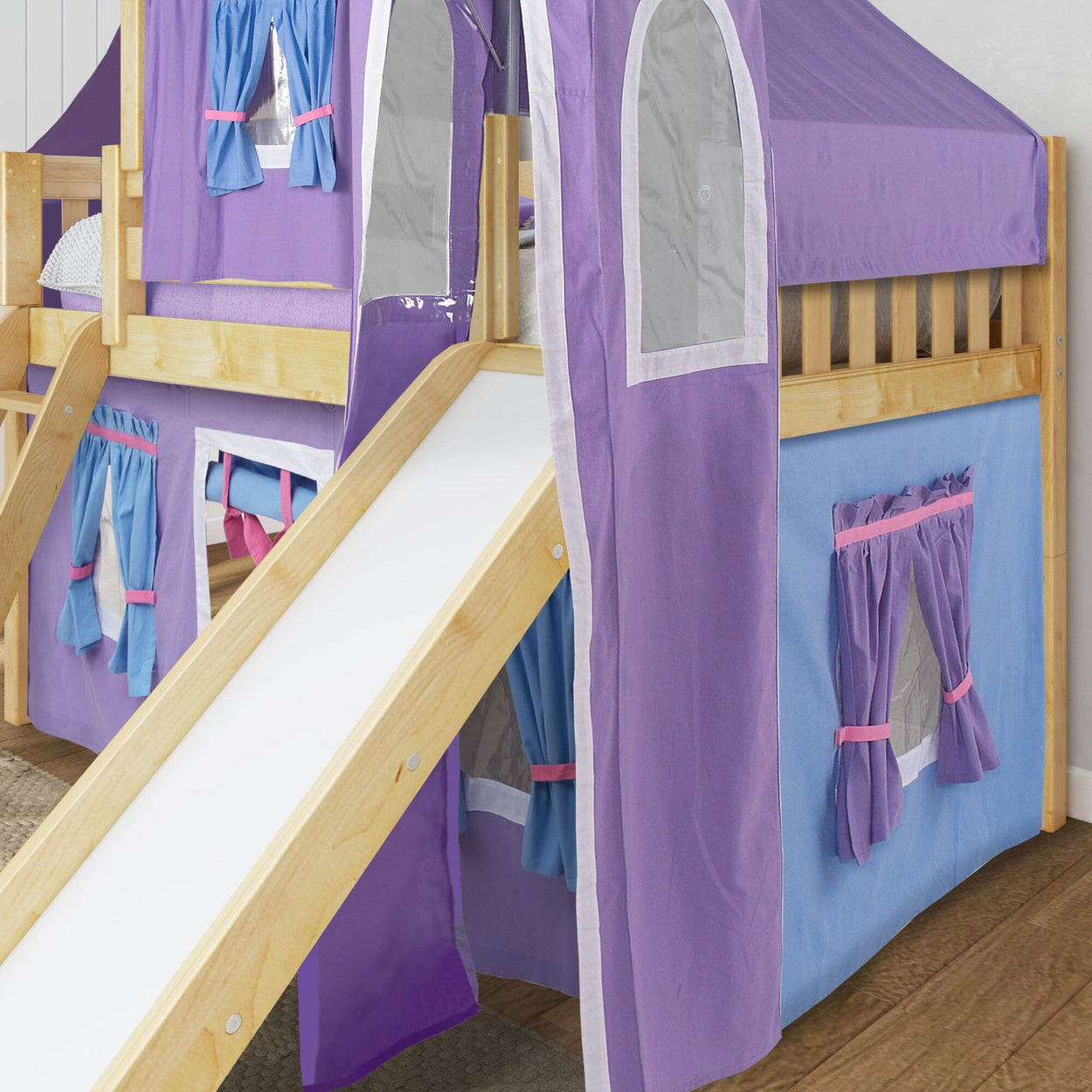 WOW27 NS : Loft Bed Twin Low Loft Bed with Angled Ladder, Curtain, Top Tent, Tower + Slide, Slat, Natural