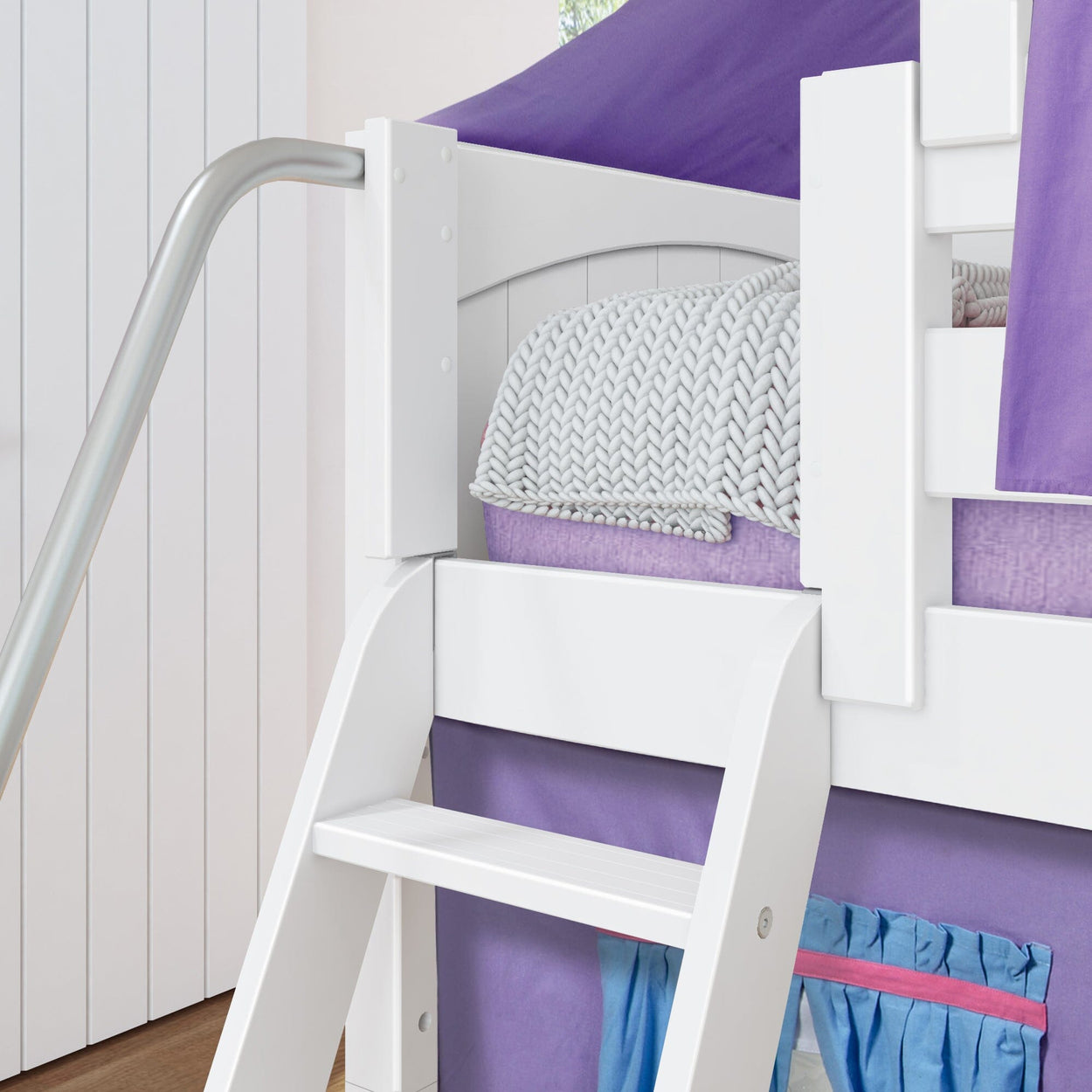 WOW27 WP : Play Loft Beds Low Loft Slide Bed with Curtains, Top Tent & Tower, Twin, Panel, White