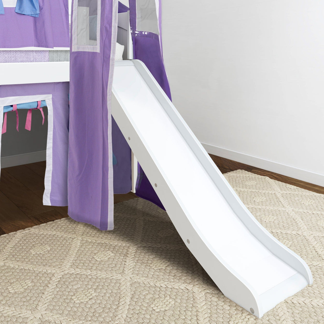 WOW27 WP : Play Loft Beds Low Loft Slide Bed with Curtains, Top Tent & Tower, Twin, Panel, White