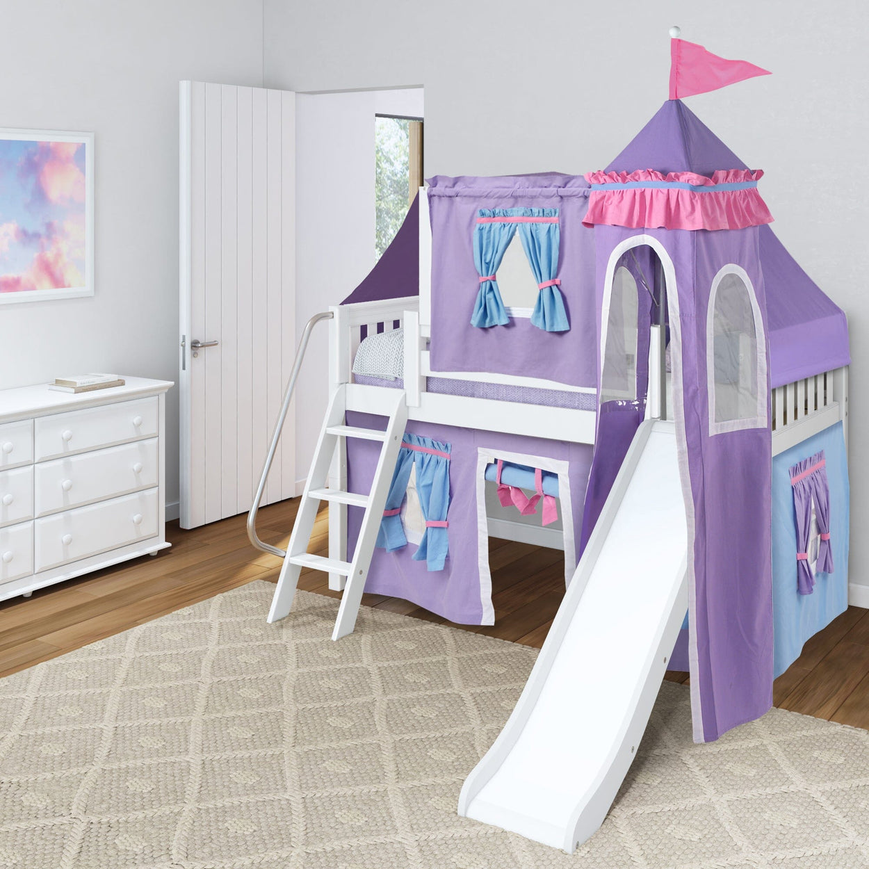 WOW27 WS : Play Loft Beds Twin Low Loft Bed with Angled Ladder, Curtain, Top Tent, Tower + Slide, Slat, White