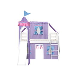 WOW27 WS : Play Loft Beds Twin Low Loft Bed with Angled Ladder, Curtain, Top Tent, Tower + Slide, Slat, White